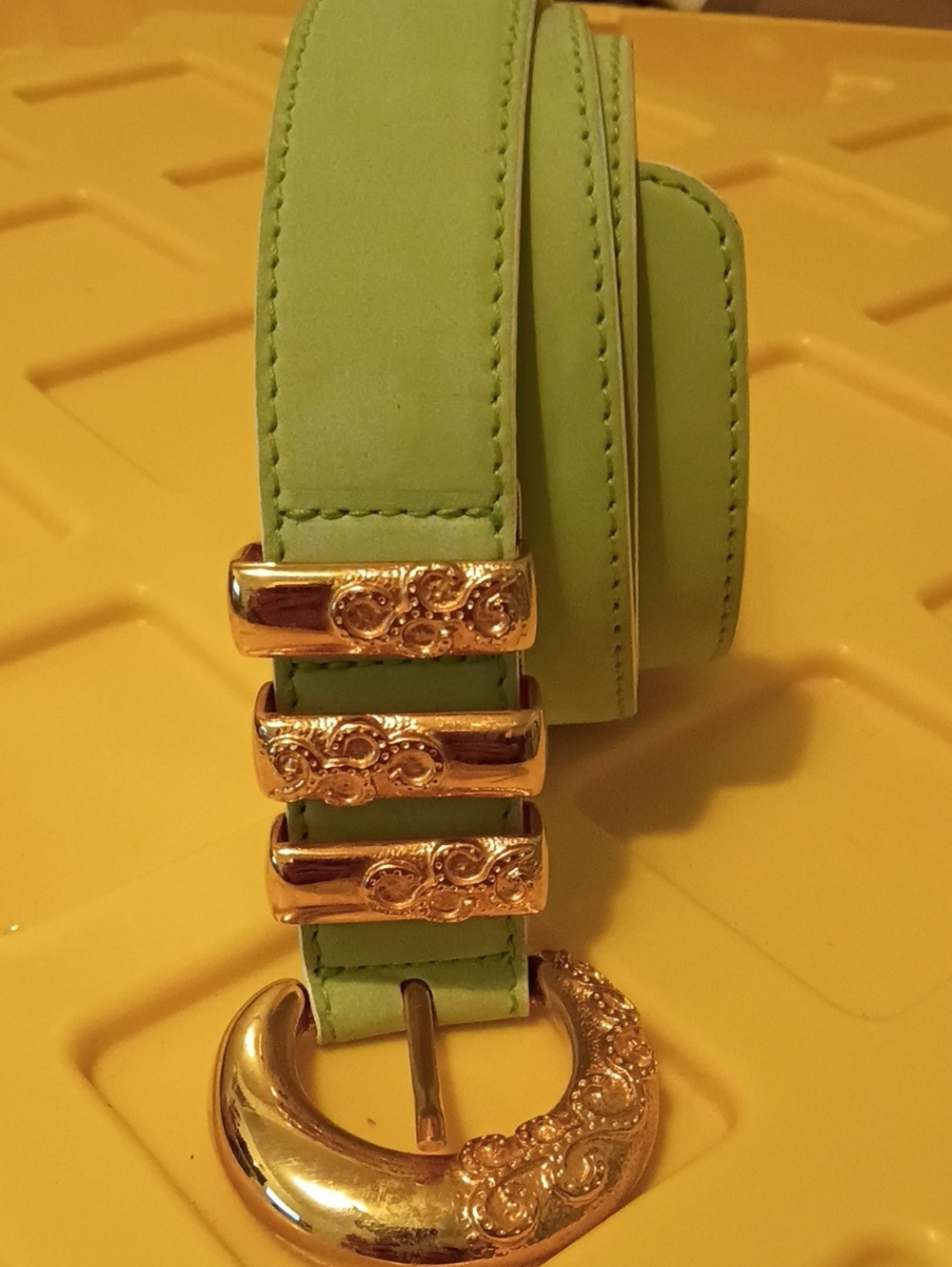 Escada Lime Green Leather Belt with Gold Decorative Buckle size 38